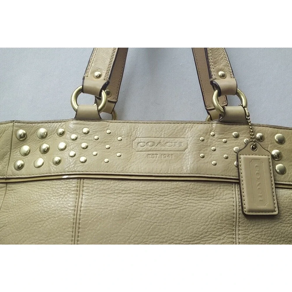 Coach Tan Leather Studded Double Handle Zipper Closure Tote Shoulder Bag